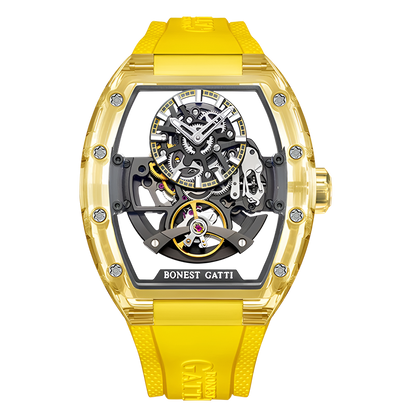 BONEST GATTI BG6005 men’s transparent automatic mechanical watch with yellow case and yellow rubber strap, skeleton dial front view