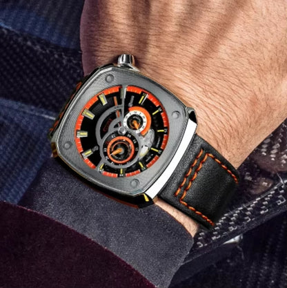 BONEST GATTI BG6601-A men’s automatic mechanical watch worn on wrist with orange dial accents and black leather strap