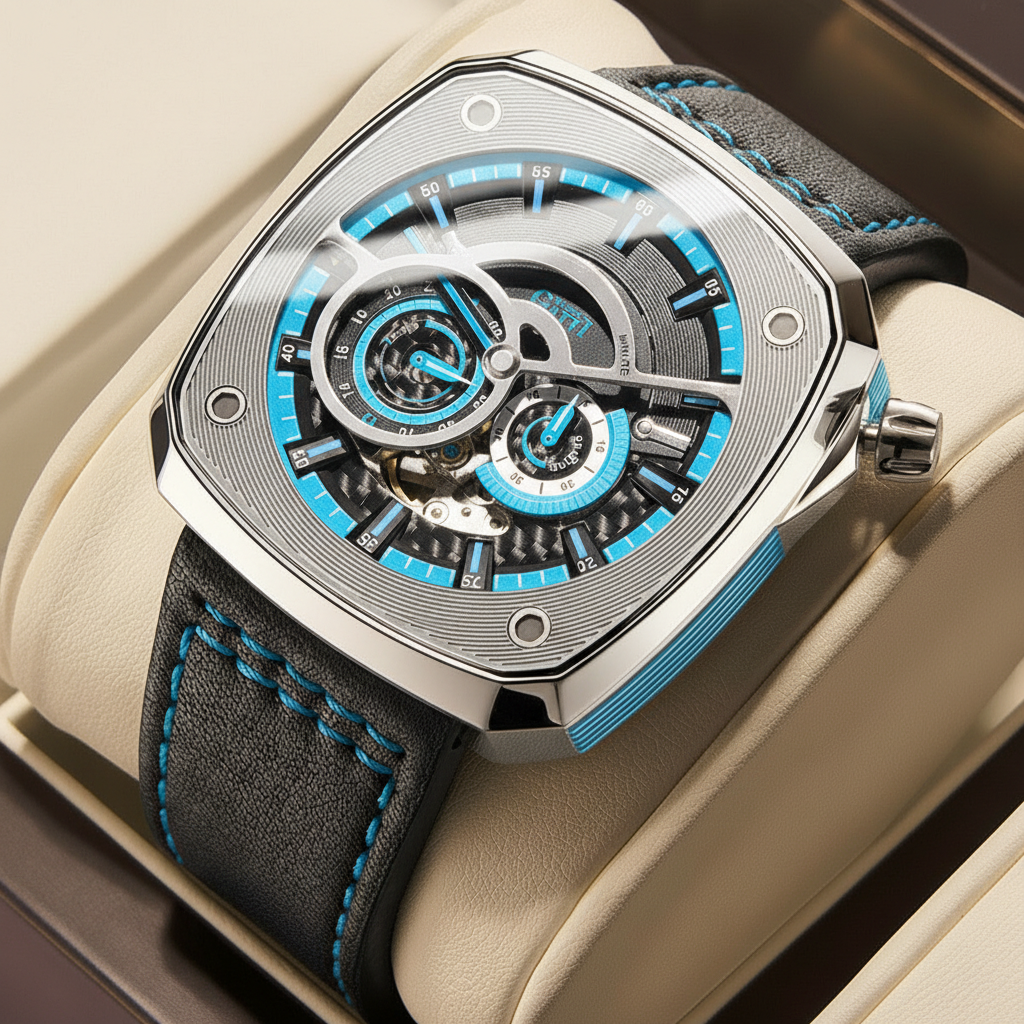 BONEST GATTI BG6601-A men’s automatic mechanical watch with silver tonneau case presented in luxury box