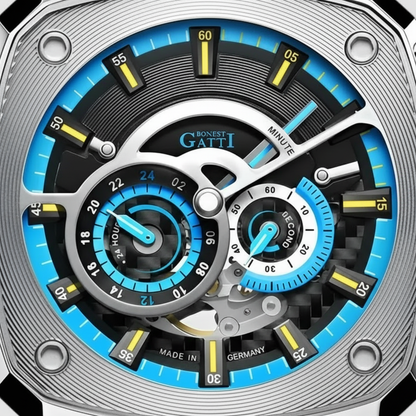 BONEST GATTI BG6601-A silver automatic mechanical watch skeleton dial with blue accents and layered subdials