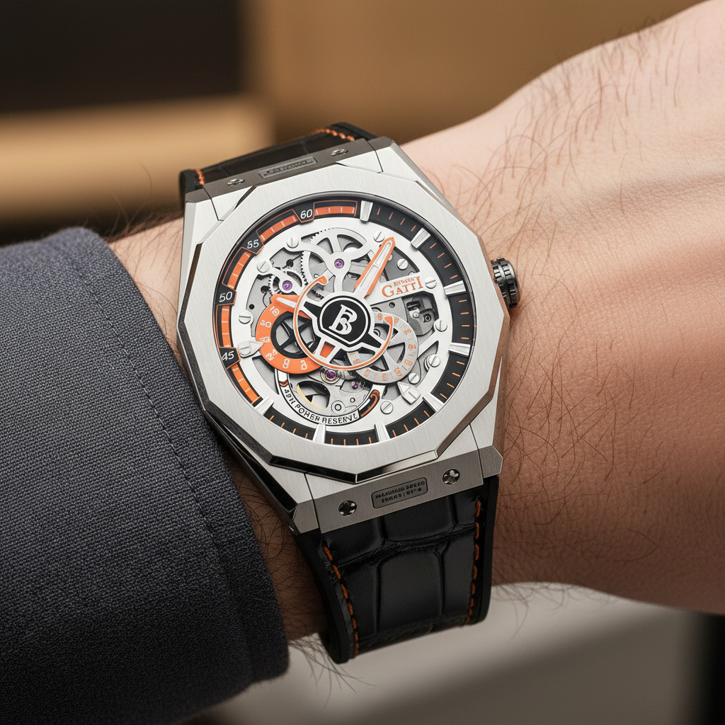 BONEST GATTI BG7601 men’s automatic mechanical watch worn on wrist with orange dial accents