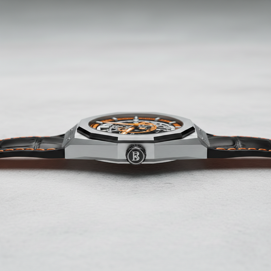 Side profile of BONEST GATTI BG7601 automatic watch showing slim stainless steel case and crown detail