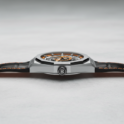 Side profile of BONEST GATTI BG7601 automatic watch showing slim stainless steel case and crown detail