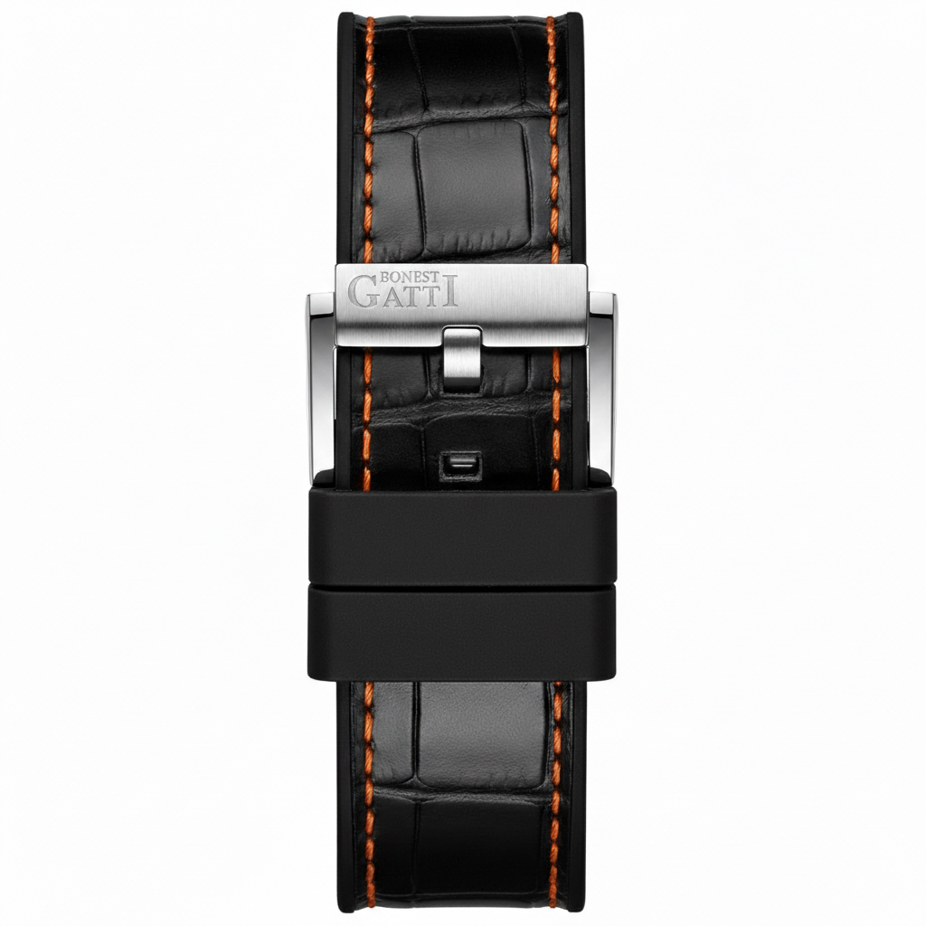 BONEST GATTI BG7601 black leather strap with orange stitching and stainless steel buckle