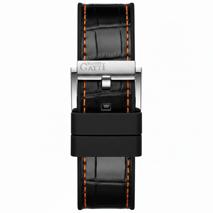 BONEST GATTI BG7601 black leather strap with orange stitching and stainless steel buckle