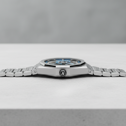 Side profile of BONEST GATTI BG7601-S silver case automatic watch showing slim thickness and crown detail