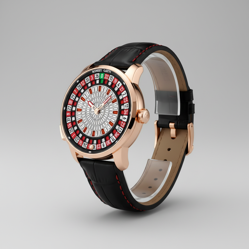 BONEST GATTI BG8004 European Roulette mechanical watch angled view highlighting rose gold case roulette inspired dial and black leather strap