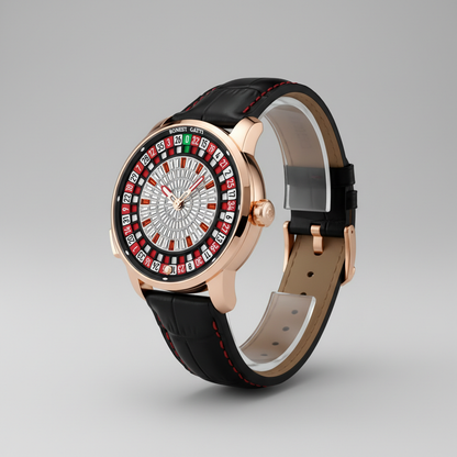 BONEST GATTI BG8004 European Roulette mechanical watch angled view highlighting rose gold case roulette inspired dial and black leather strap