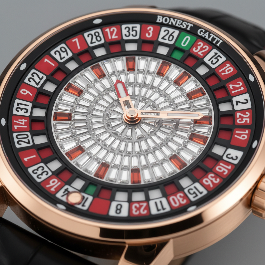 BONEST GATTI BG8004 European Roulette luxury watch dial close up featuring roulette wheel design with red black and green markers and rose gold hands