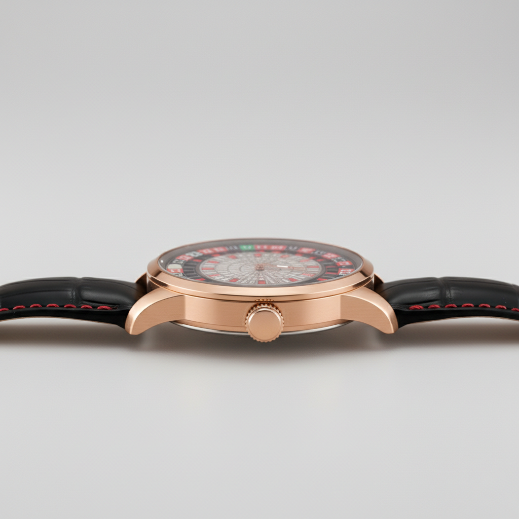 BONEST GATTI BG8004 European Roulette men’s mechanical watch side profile showing rose gold case thickness and black leather strap with red stitching