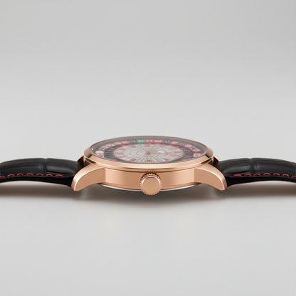 BONEST GATTI BG8004 European Roulette men’s mechanical watch side profile showing rose gold case thickness and black leather strap with red stitching