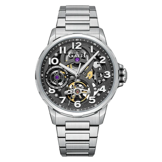 BONEST GATTI BG8010 men’s automatic watch with black skeleton dial and stainless steel bracelet