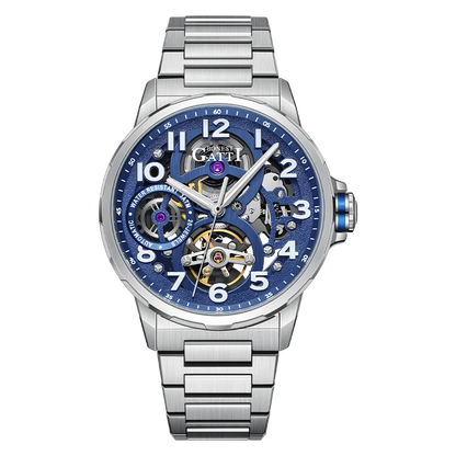BONEST GATTI BG8010 men’s automatic watch with blue skeleton dial and stainless steel bracelet