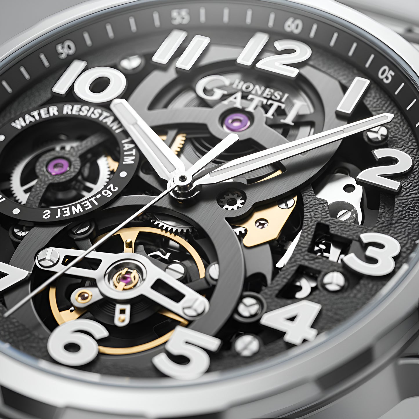 BONEST GATTI BG8010 men's skeleton automatic watch open-work dial mechanical detail