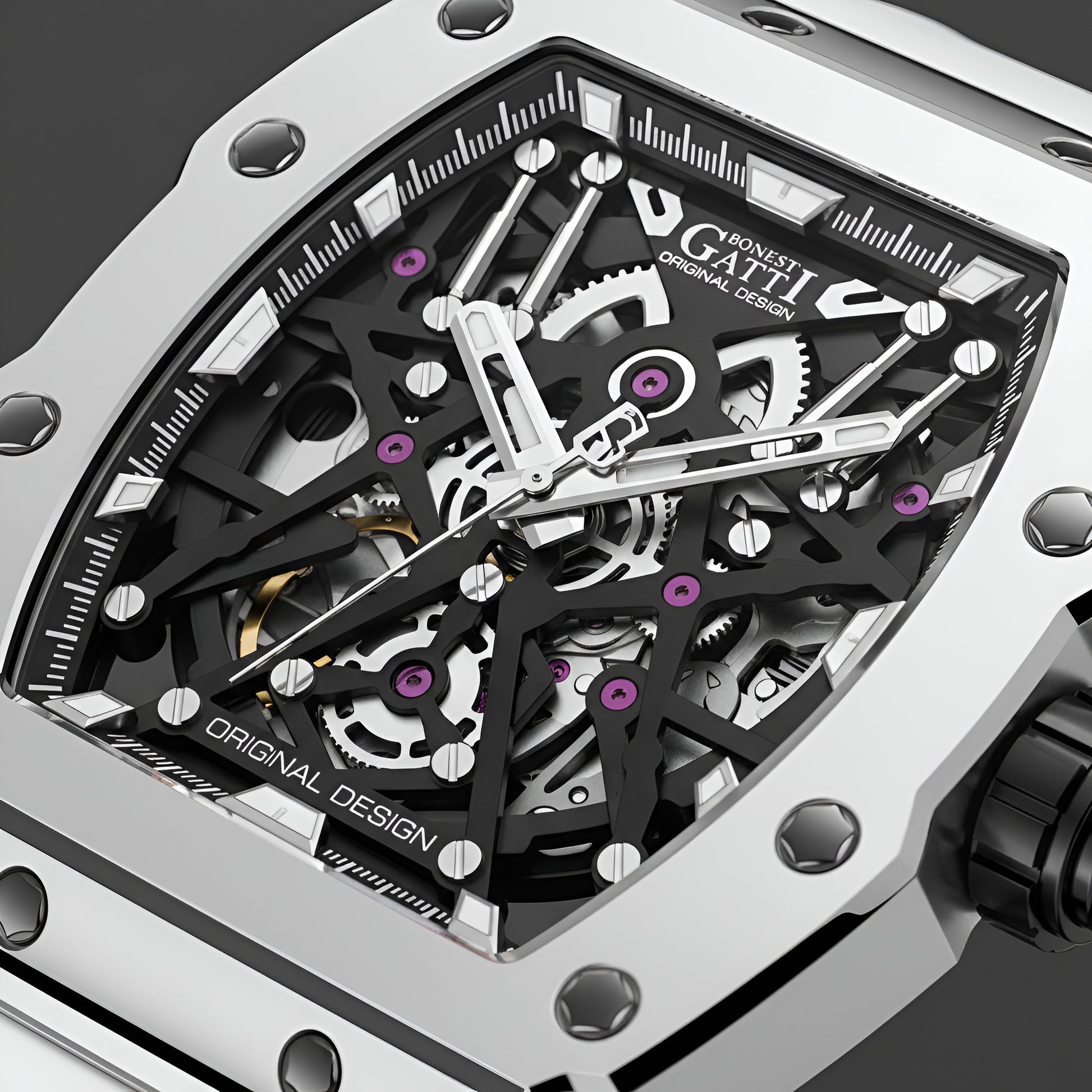 Close-up of BONEST GATTI BG8010 skeleton dial revealing mechanical gears luminous markers and precision finishing
