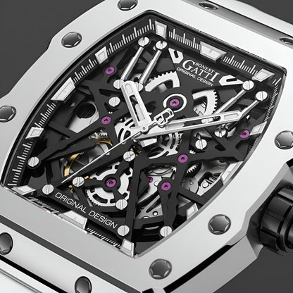 Close-up of BONEST GATTI BG8010 skeleton dial revealing mechanical gears luminous markers and precision finishing