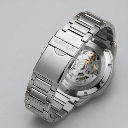 BONEST GATTI BG8010 men's skeleton automatic watch stainless steel bracelet clasp back view