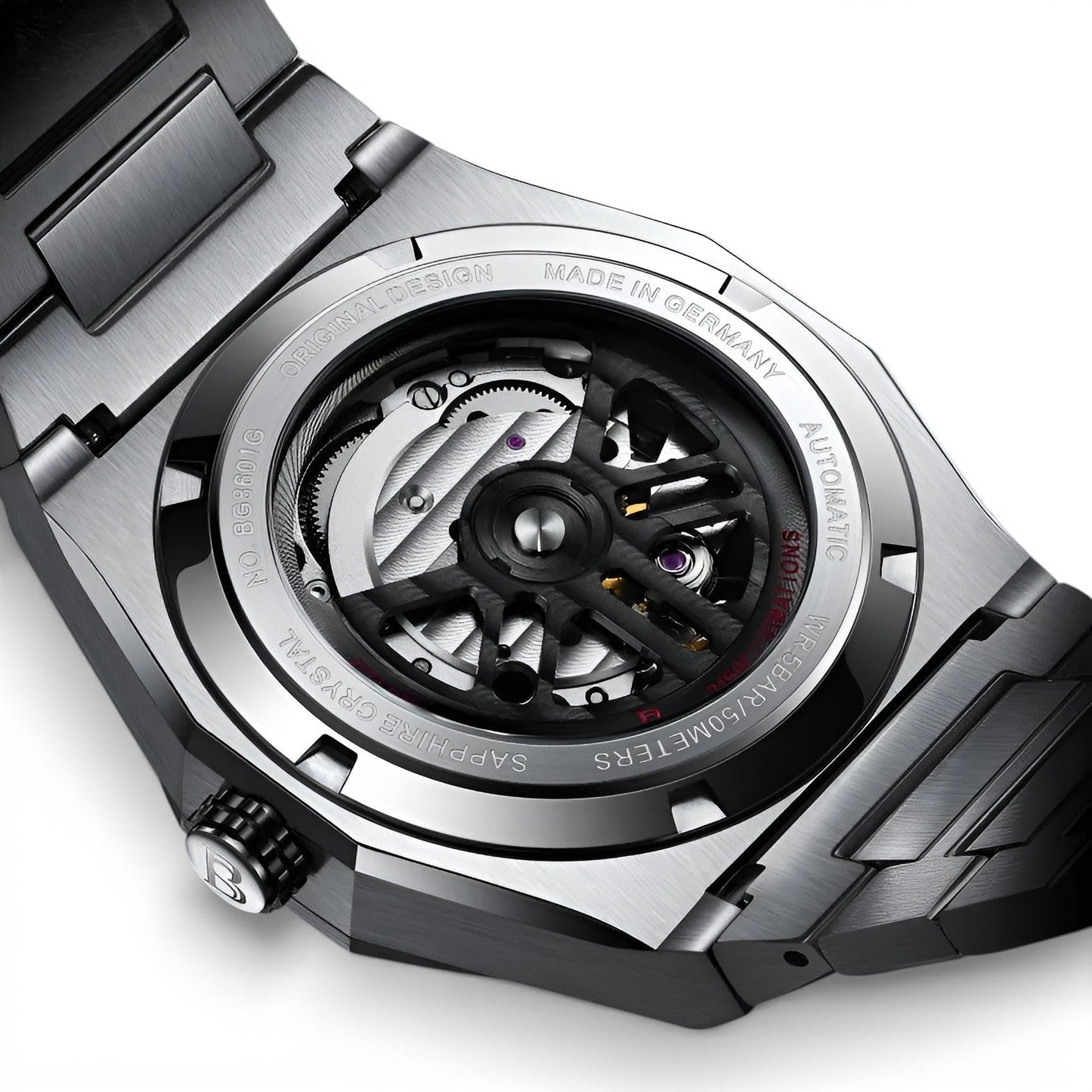BONEST GATTI BG8601-S automatic mechanical watch transparent case back showing skeleton movement