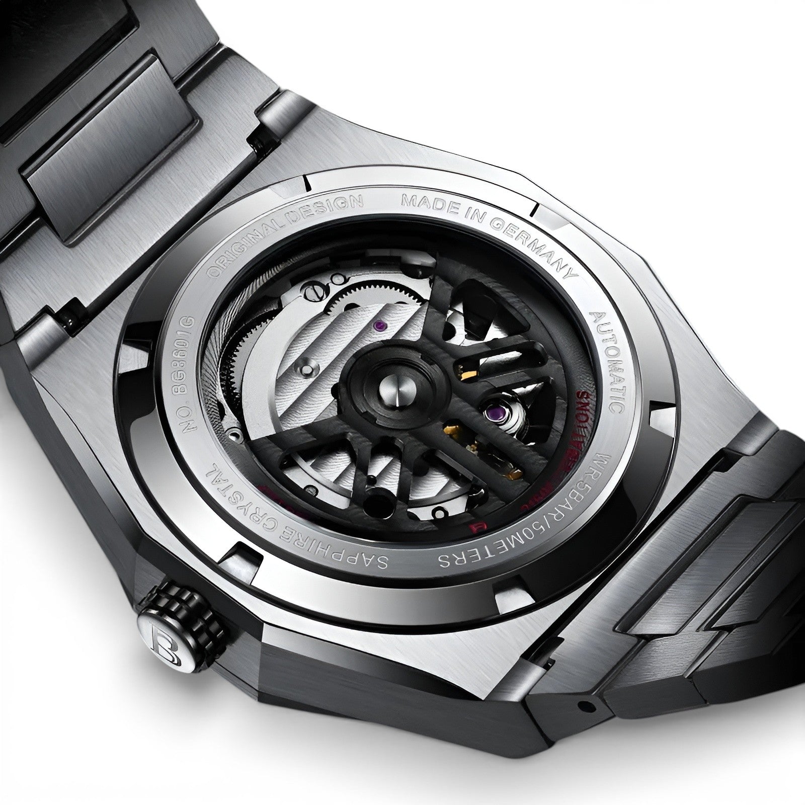 BONEST GATTI BG8601-S automatic mechanical watch transparent case back showing skeleton movement