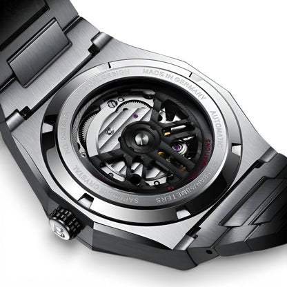 BONEST GATTI BG8601-S automatic mechanical watch transparent case back showing skeleton movement