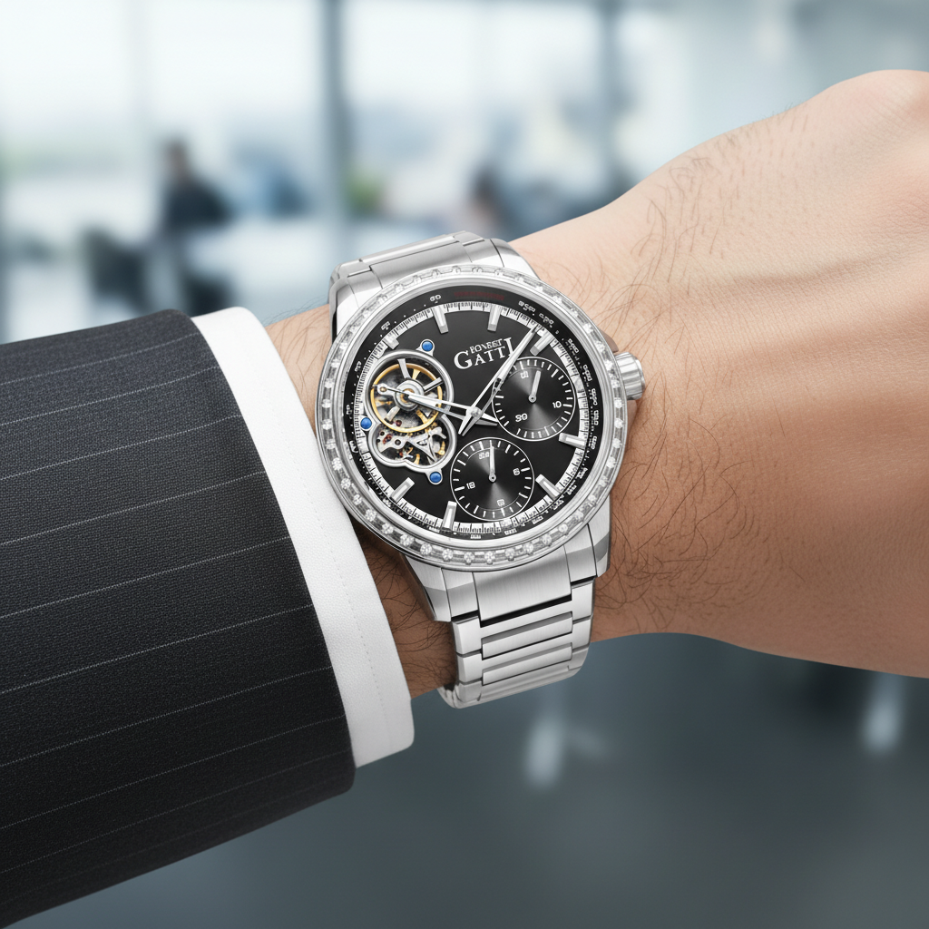 BONEST GATTI BG8802 automatic skeleton sports watch stainless steel worn on wrist with business style outfit