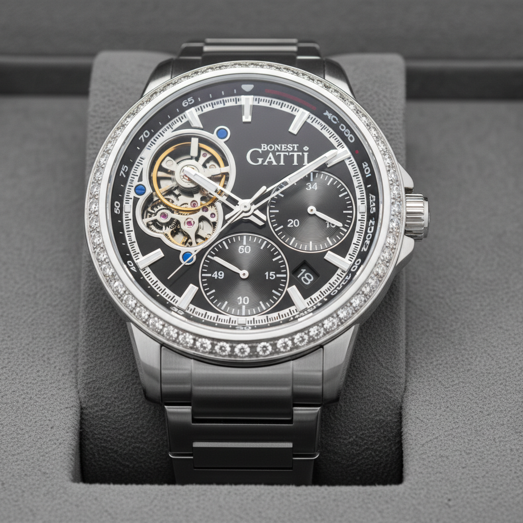 BONEST GATTI BG8802 automatic skeleton sports watch in stainless steel presented in luxury box with black dial