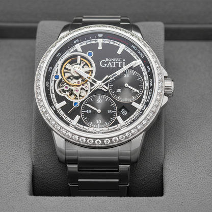 BONEST GATTI BG8802 automatic skeleton sports watch in stainless steel presented in luxury box with black dial