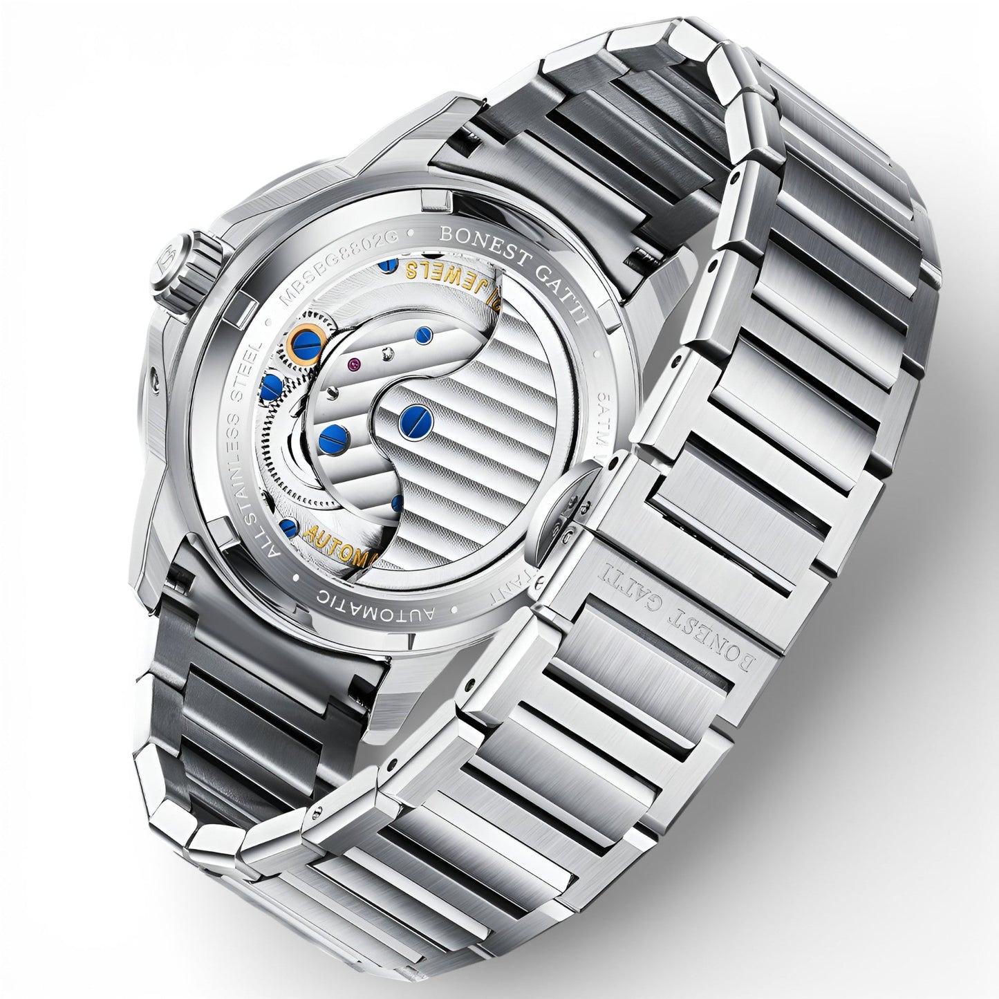 BONEST GATTI BG8802 automatic skeleton sports watch exhibition case back showing mechanical movement