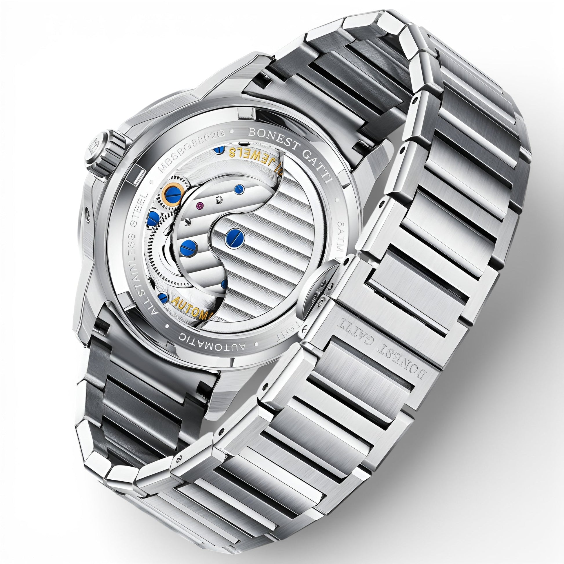 BONEST GATTI BG8802 automatic skeleton sports watch exhibition case back showing mechanical movement