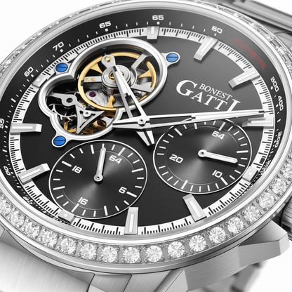 BONEST GATTI BG8802 skeleton dial macro showing open balance wheel chronograph subdials and tachymeter scale