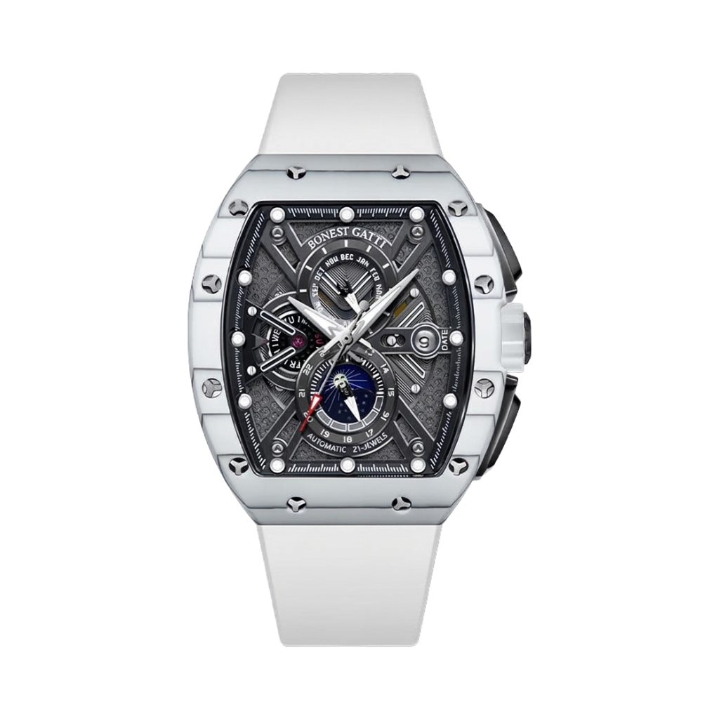 BONEST GATTI BG9007 - Tonneau Automatic Watch with Multi-Calendar Openworked Dial