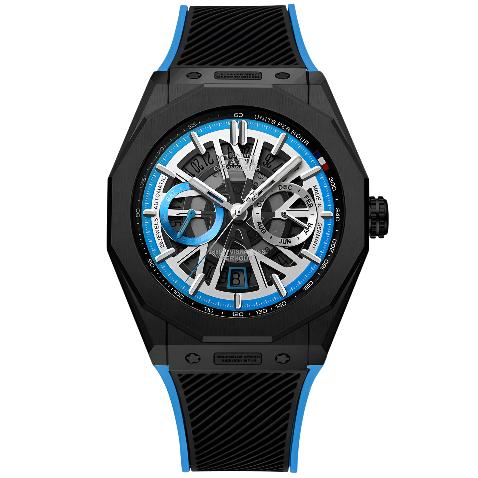BONEST GATTI BG9601 black case automatic chronograph skeleton watch with blue dial front view