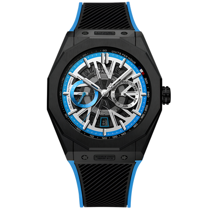 BONEST GATTI BG9601 black case automatic chronograph skeleton watch with blue dial front view
