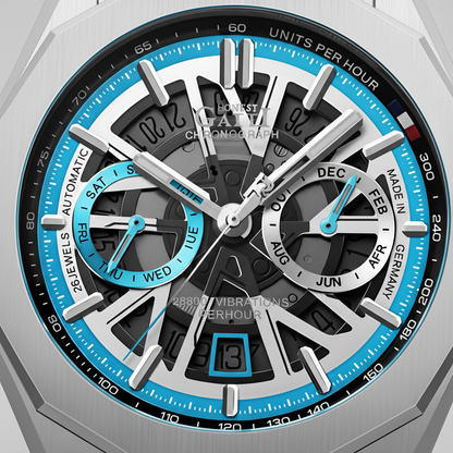 BONEST GATTI BG9601 automatic skeleton chronograph watch blue dial macro view with visible mechanics and tachymeter scale