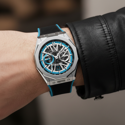 BONEST GATTI BG9601 blue automatic chronograph skeleton watch worn on wrist lifestyle view