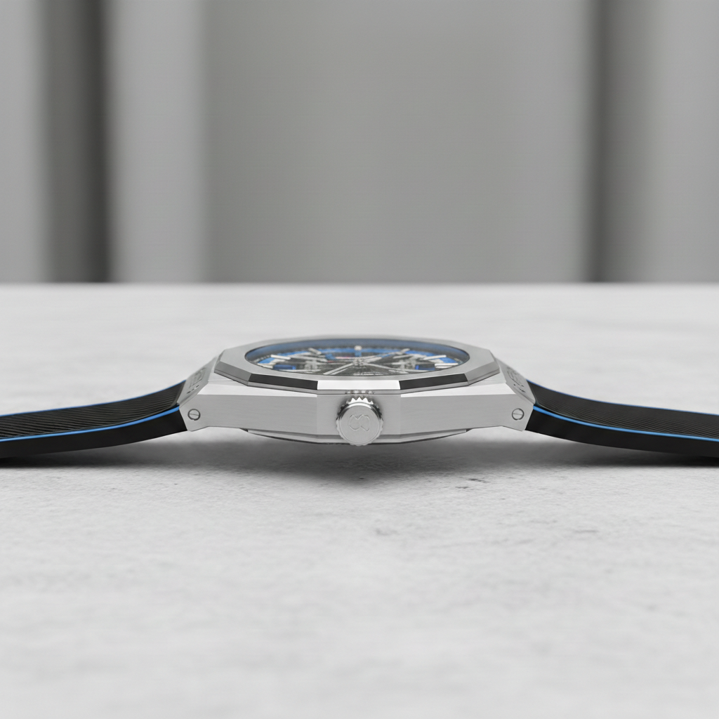 BONEST GATTI BG9601 blue skeleton chronograph watch side profile showing case thickness and crown