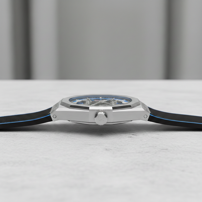 BONEST GATTI BG9601 blue skeleton chronograph watch side profile showing case thickness and crown