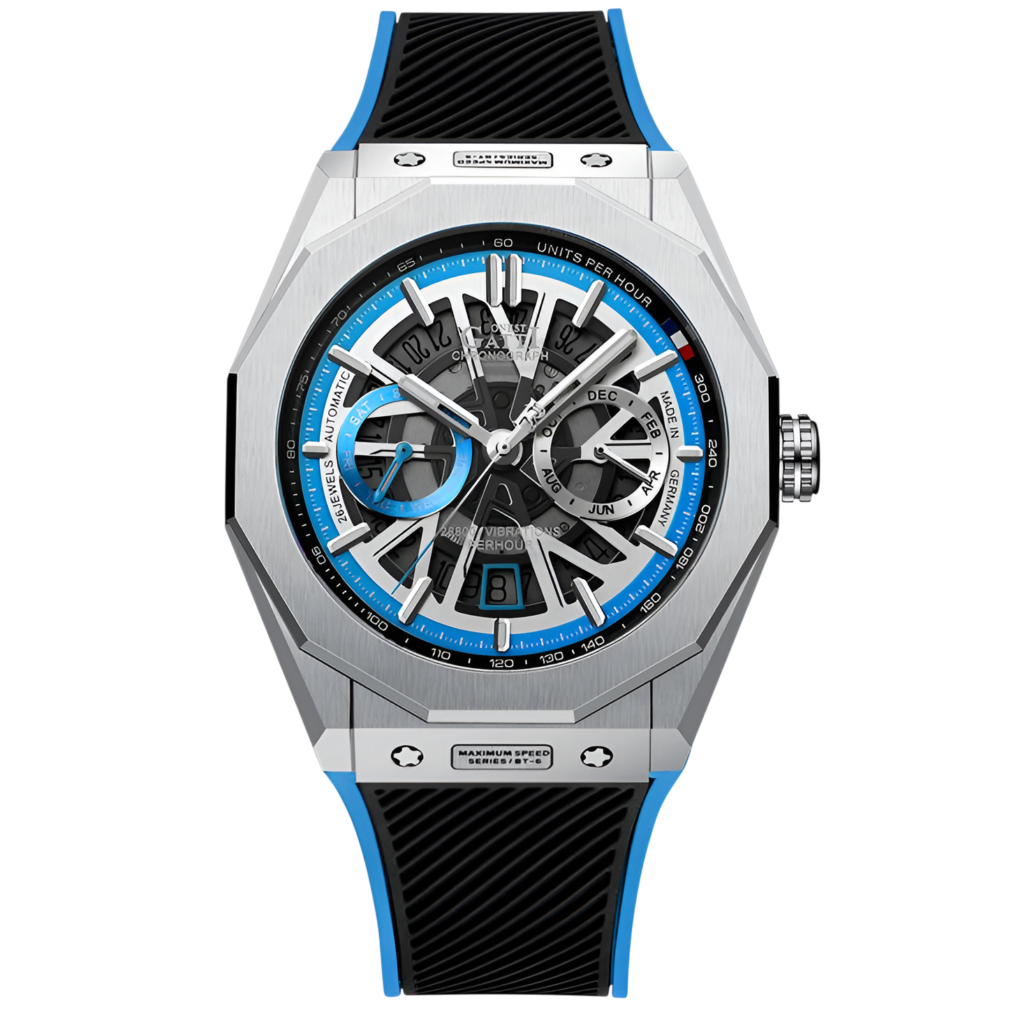 BONEST GATTI BG9601 blue skeleton chronograph watch stainless steel case front view