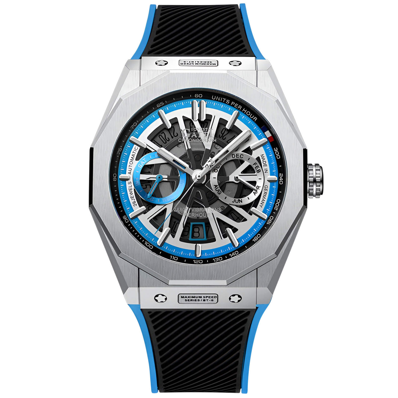 BONEST GATTI BG9601 blue skeleton chronograph watch stainless steel case front view