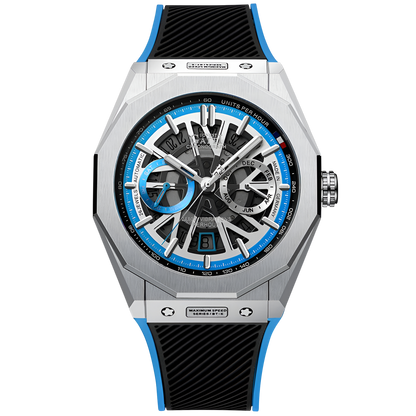 BONEST GATTI BG9601 blue skeleton chronograph watch stainless steel case front view