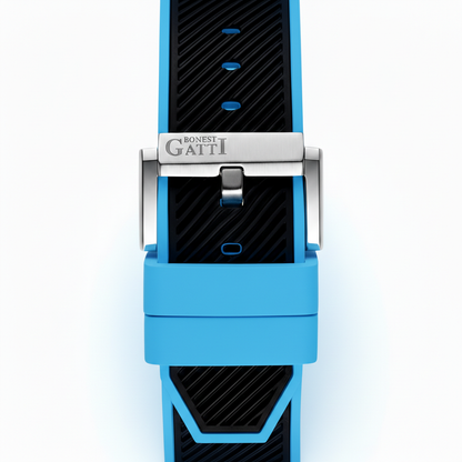 BONEST GATTI BG9601 blue rubber strap and stainless steel buckle detail with engraved logo