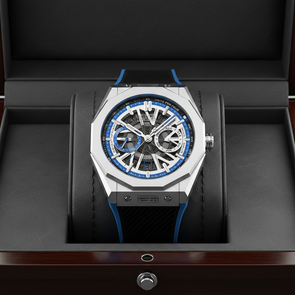 BONEST GATTI BG9601 blue automatic chronograph skeleton watch displayed in premium presentation box
