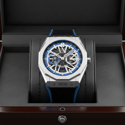 BONEST GATTI BG9601 blue automatic chronograph skeleton watch displayed in premium presentation box