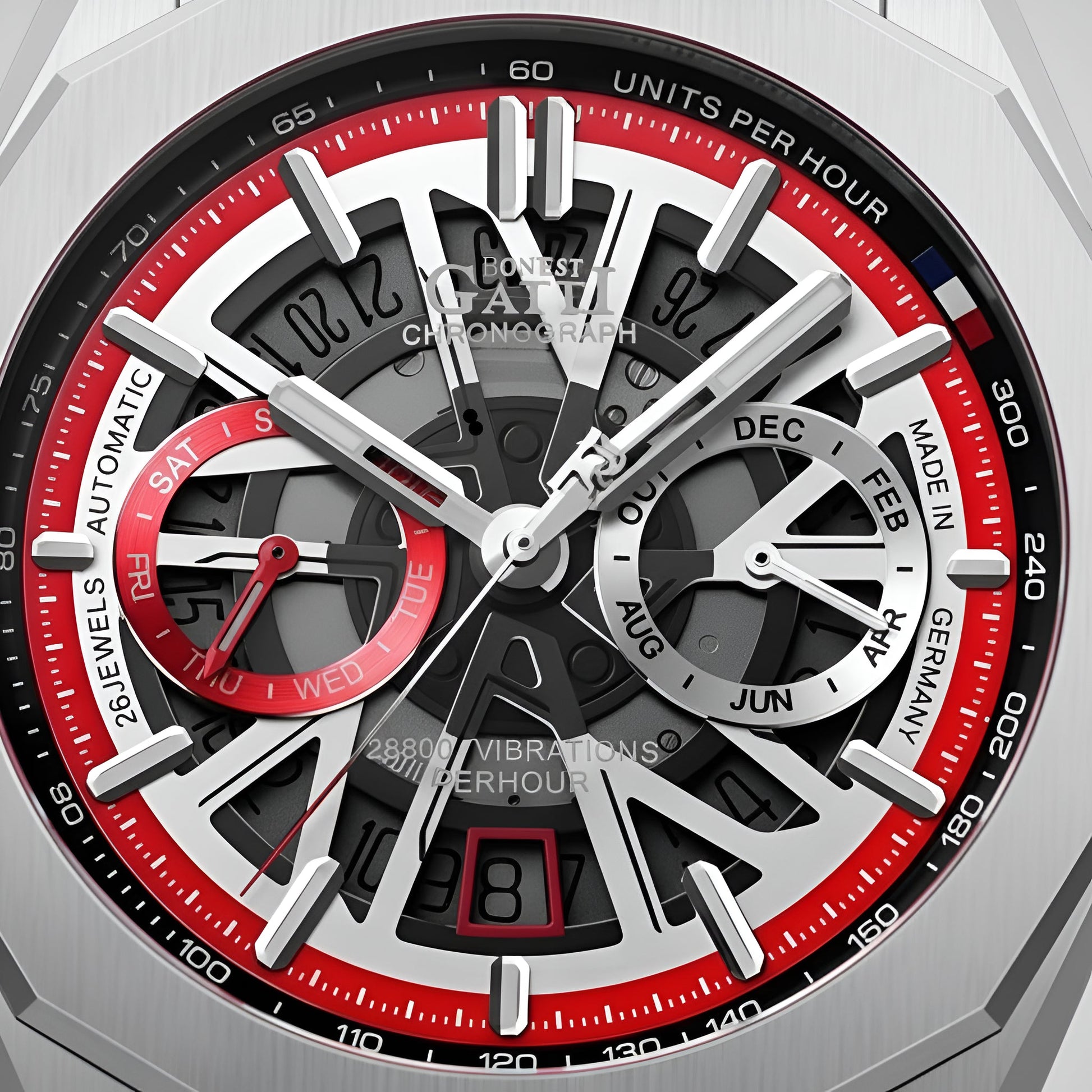 Close up of BONEST GATTI BG9601 coloral red skeleton dial automatic chronograph with visible mechanics