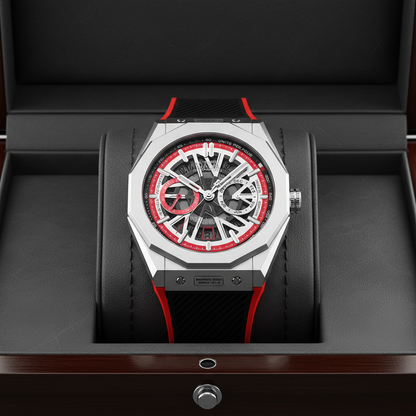 BONEST GATTI BG9601 coloral red skeleton chronograph watch displayed on cushion inside presentation box