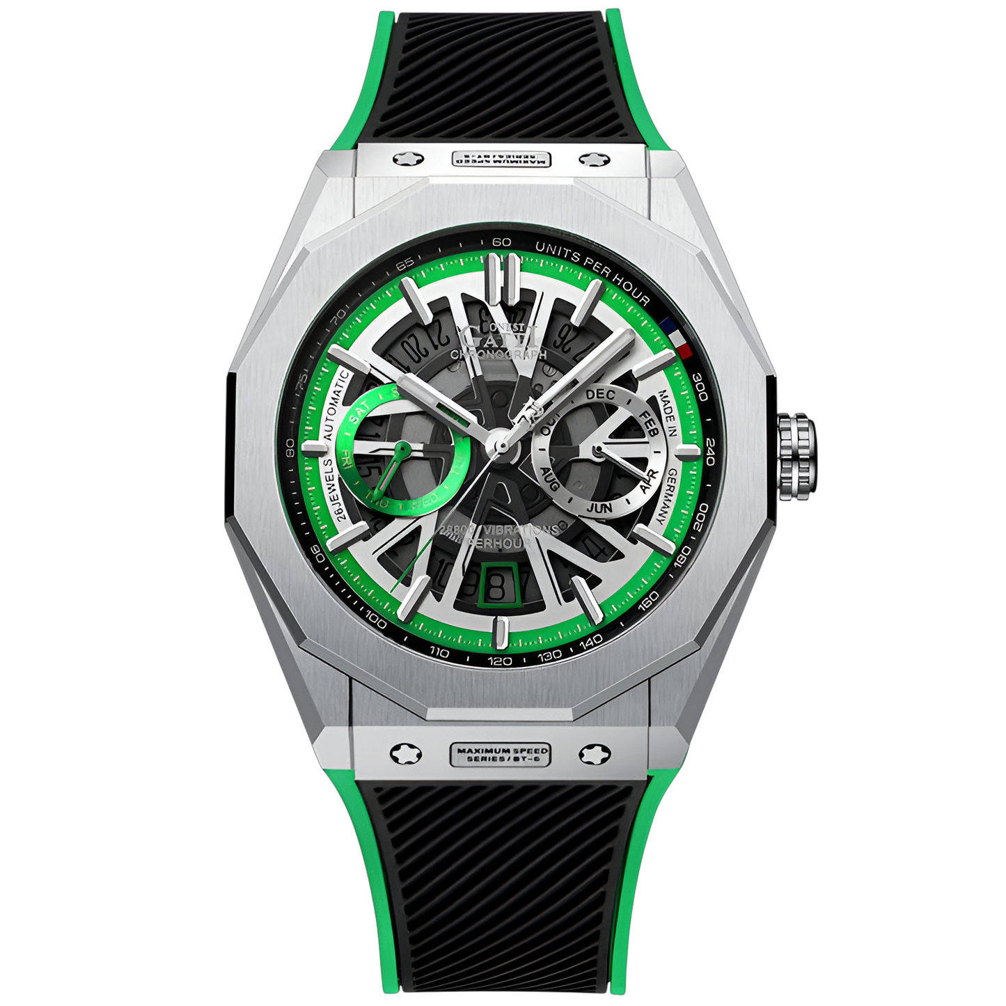 BONEST GATTI BG9601 green skeleton chronograph watch stainless steel case front view