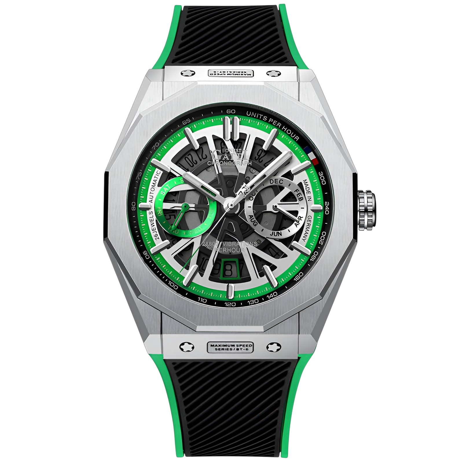 BONEST GATTI BG9601 green skeleton chronograph watch stainless steel case front view