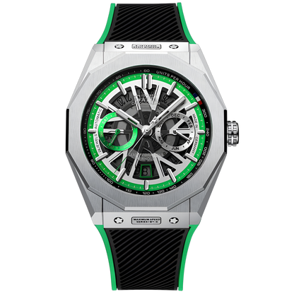 BONEST GATTI BG9601 green skeleton chronograph watch stainless steel case front view