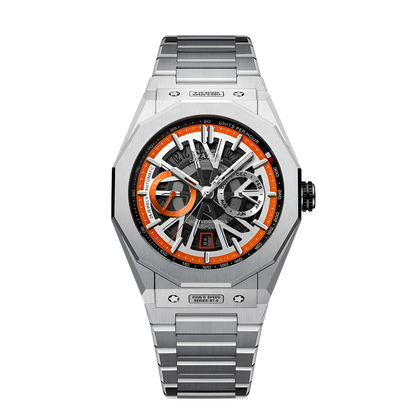 BONEST GATTI BG9601-S automatic skeleton watch for men with orange color dial and stainless steel bracelet