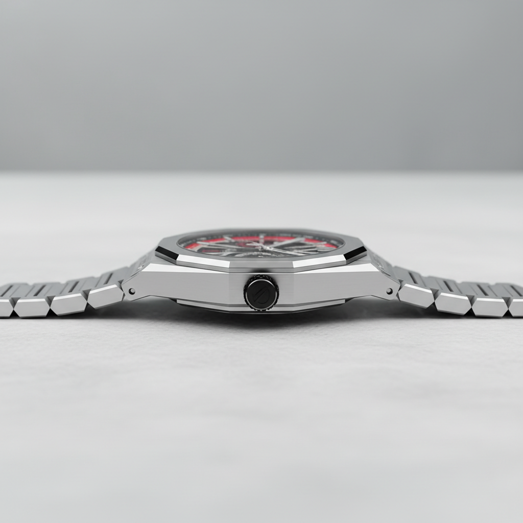 Side profile of Bonest Gatti BG9601-S automatic skeleton watch showing stainless steel case thickness